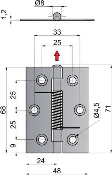 Wymiary zawiasu ze sprężyną KZ 68 x 48 mm
